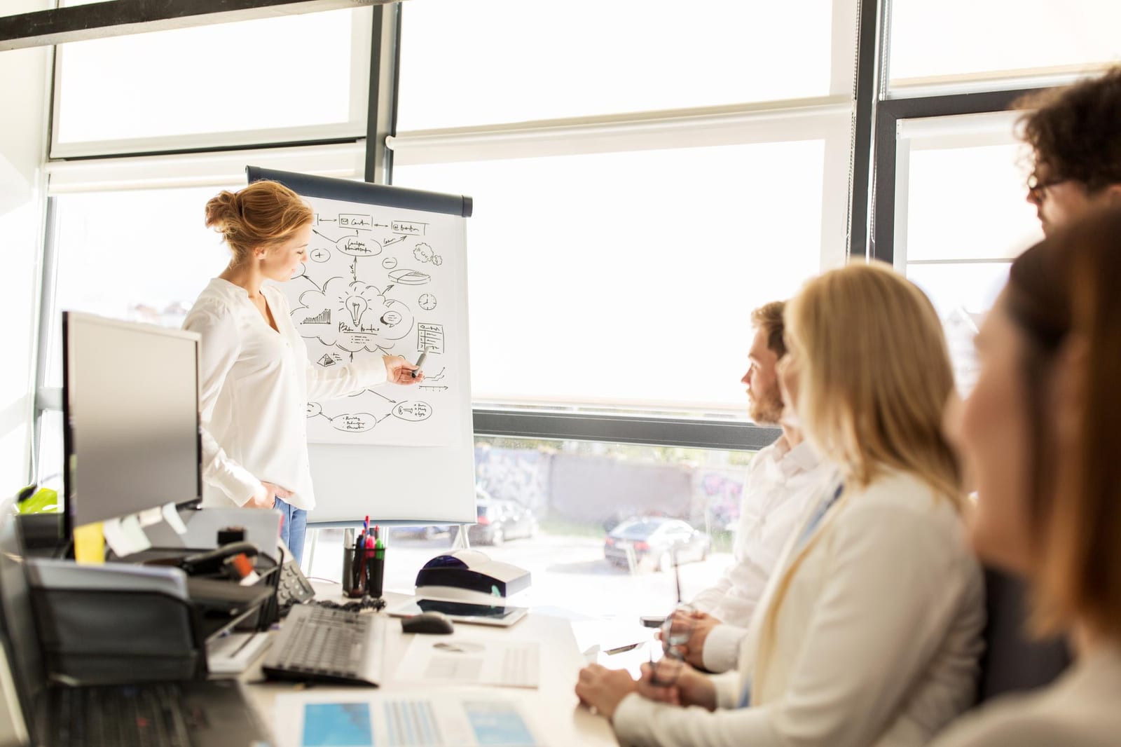 Mulher apresenta um mapa mental desenhado em flipchart para três pessoas sentadas no escritório.